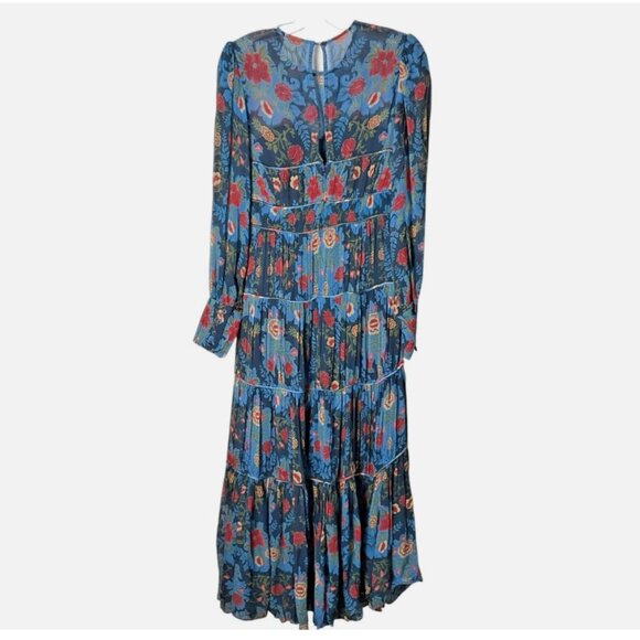 Farm Rio Dress Arabesque Floral Gown Maxi Long-Sleeve Blue Size XS *READ FLAW* - Picture 5 of 9